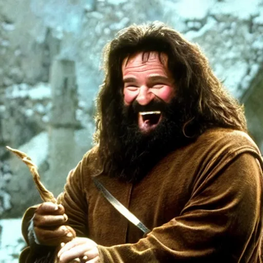 Image similar to Robin Williams playing Hagrid in Harry Potter, screenshot