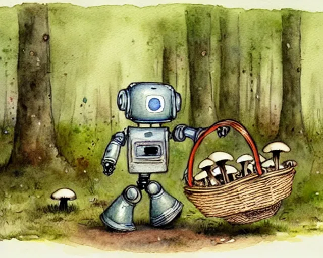 Prompt: a cute little robot walking in the forest picking mushrooms, holding a basket full of mushrooms, watercolor painting by jean - baptiste monge, muted colors