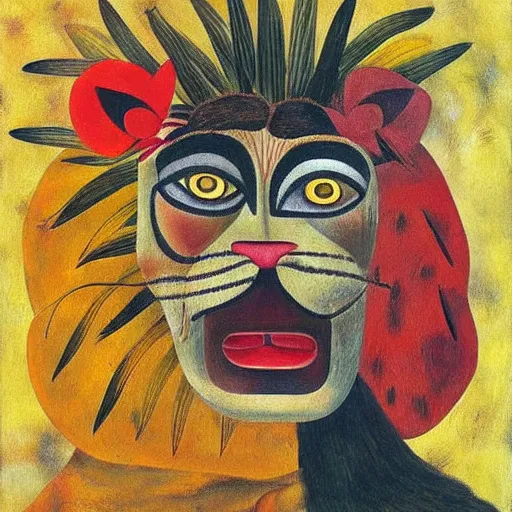 a lion with a massive headache by frida kahlo | Stable Diffusion