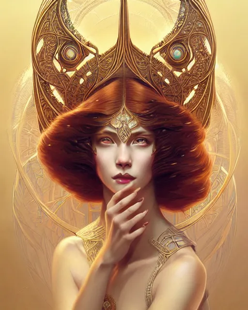 Prompt: Beautiful and playful ethereal ginger portrait, art deco, fantasy, intricate art deco golden designs, elegant, highly detailed, sharp focus, art by Artgerm and Greg Rutkowski and WLOP