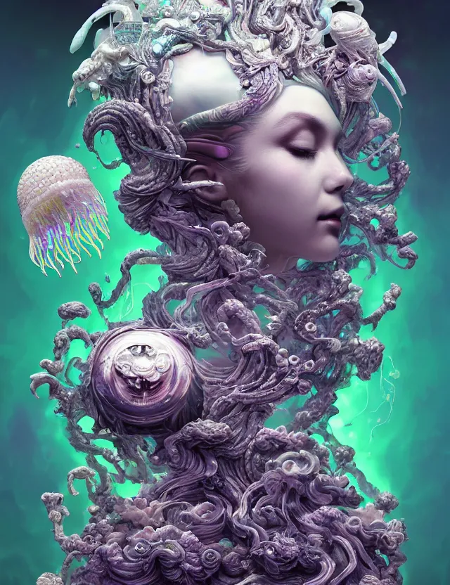 Prompt: goddess macro shouler portrait from bottom to top in crown made of ram skull. betta fish, jellyfish phoenix, bioluminiscent, plasma, ice, water, wind, creature, super intricate ornaments artwork by tooth wu and wlop and beeple and greg rutkowski