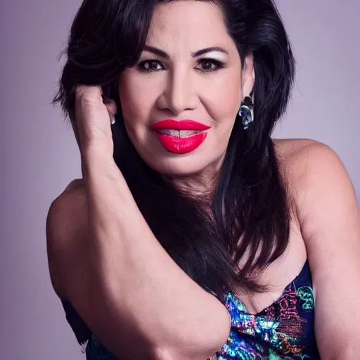 Image similar to dslr photo portrait still of 5 1 year old age 5 1 selena quintanilla at age 5 1!!!, 8 5 mm f 1. 8, studio lighting, vogue