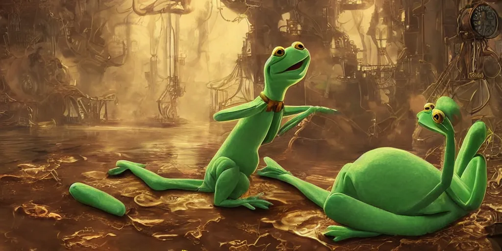Prompt: digital art, trending on artstation, pin ups of kermit the frog in an underwater steam punk world