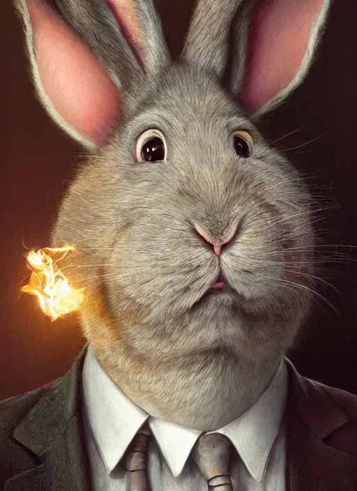 Image similar to hyper realistic, portrait of a derpy half mr. bean, half big chungus, with bunny rabbit ears, very fuzzy, furry, smoking weed, by greg rutkowski, scott m fischer, artgerm, loish, slight glow, atmospheric, anne stokes, alexandros pyromallis, 4 k, 8 k