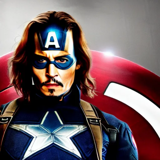 Image similar to an avengers movie still of johnny depp as captain america, 4 k, cinematic