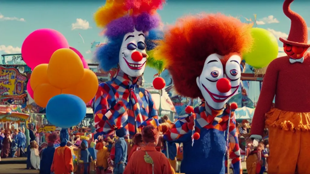 Image similar to the giants clowns at the fair, they tie a balloon animal, film still from the movie directed by denis villeneuve and david cronenberg with art direction by salvador dali and dr. seuss