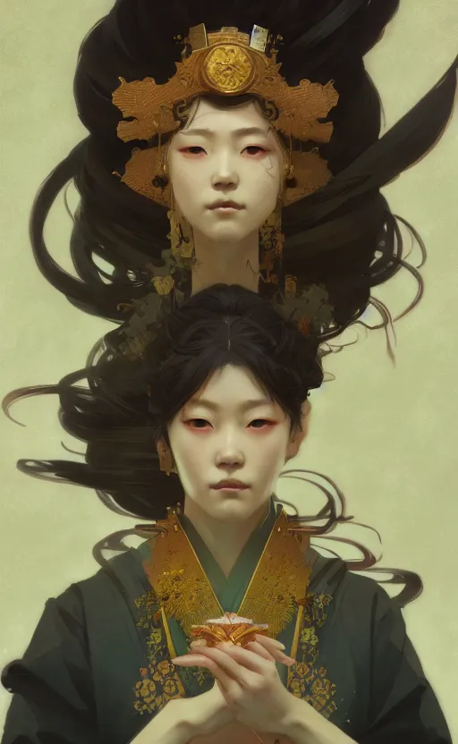 Image similar to personification of japan, highly detailed, digital painting, artstation, concept art, sharp focus, illustration, art by greg rutkowski and alphonse mucha