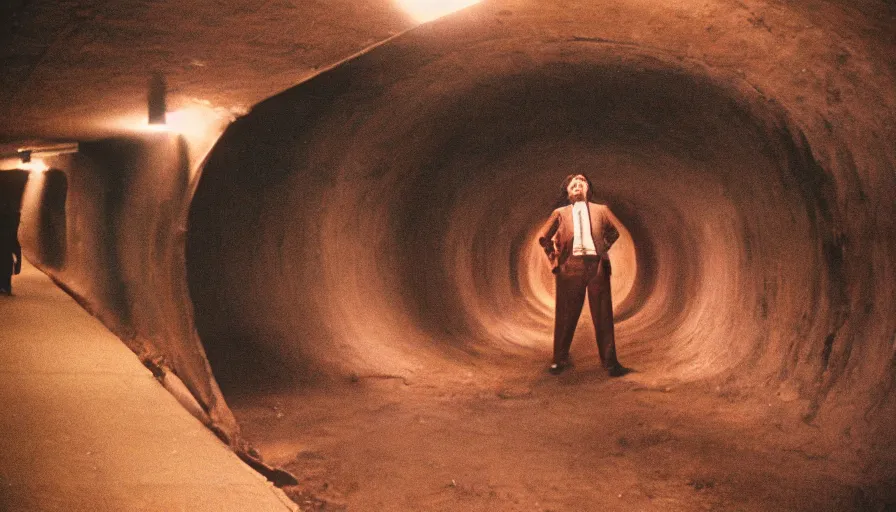 Image similar to 1 9 7 0 s movie still of a man in a tunnel of stomach, cinestill 8 0 0 t