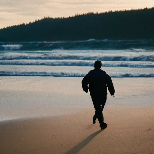 Image similar to a film candid photography of a man, athletic, walking towards camera on an Oregon beach, facing camera, natural lighting, golden hour, well lit, Kodak gold 200 film, trending on instagram