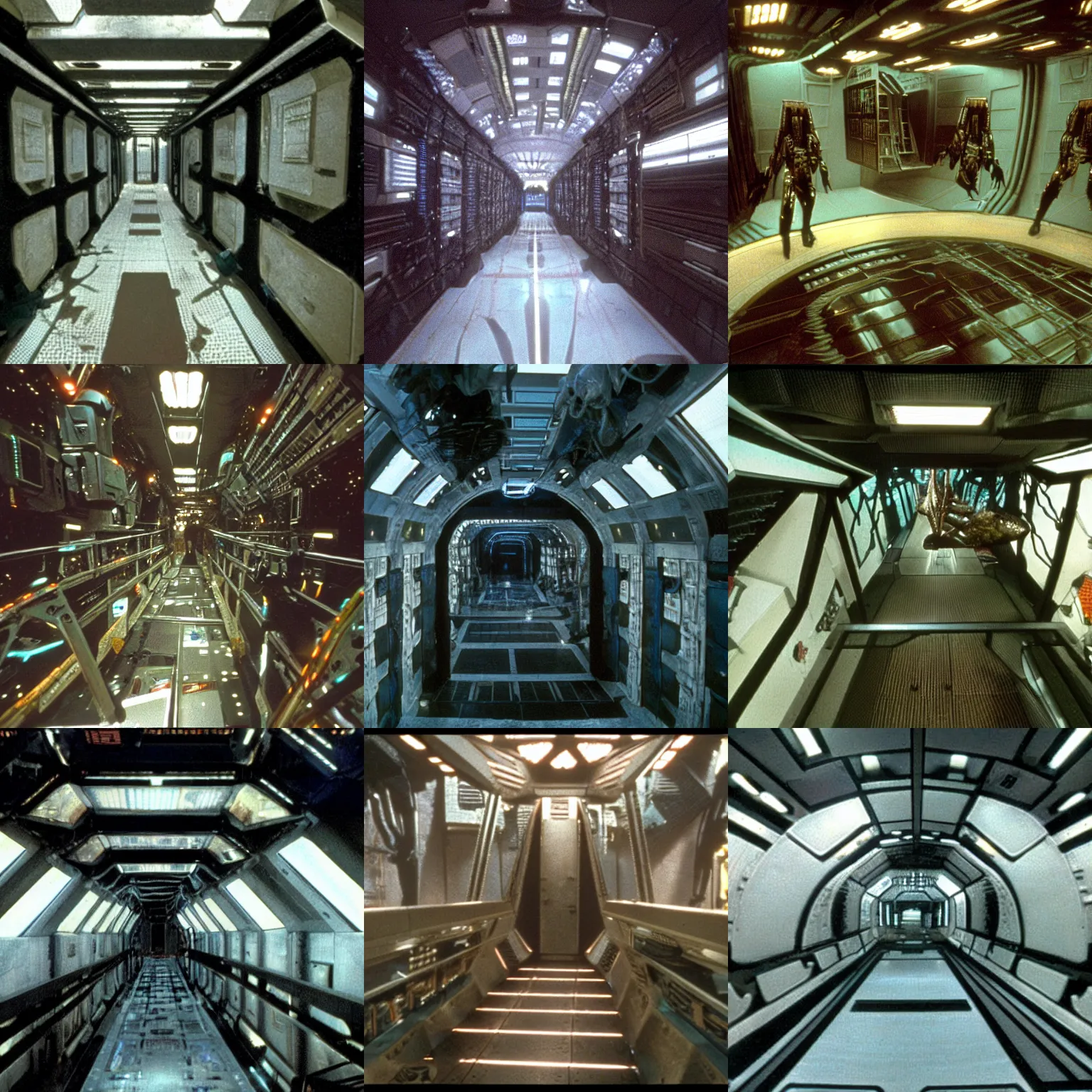 Prompt: an interior shot of a predator 2 spaceship walkway, predator 2, yautja, predator movie, in the style of lawrence g. paull production design