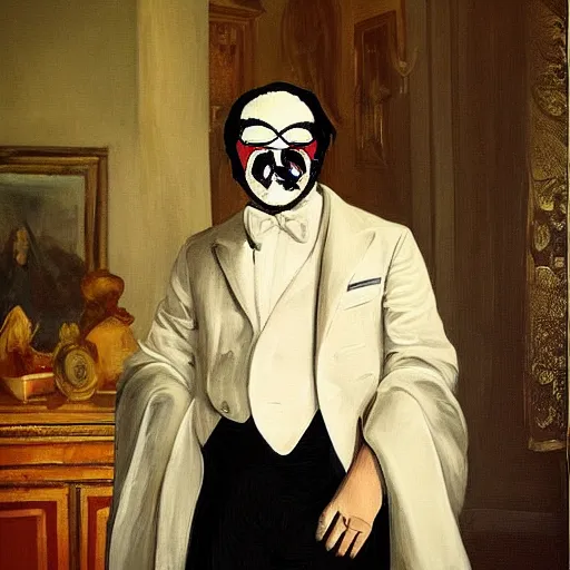 Prompt: The Baron Ombres Chateaux, a French real estate tycoon and international art collector who prefers to wear a cape and an eye patch, portrait