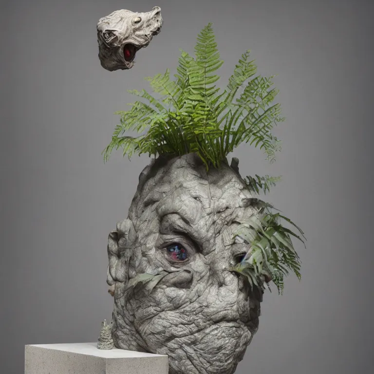 Prompt: hyperrealistic sculpture of a stone fossilized chibi ultraman kaiju dusted with opalescent spraypaint and ferns in a nylon grid cage on a pedestal by ron mueck and duane hanson and lee bontecou, hyperrealistic dramatic colored lighting trending on artstation 8 k
