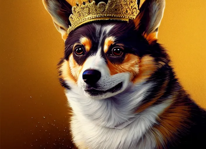 Prompt: highly detailed illustration of a portrait of a regal corgi wearing a crown, artstation, cinematic lighting, hyperdetailed, cgsociety, 8k, high resolution, Charlie Bowater, Tom Bagshaw, Norman Rockwell, insanely detailed and intricate