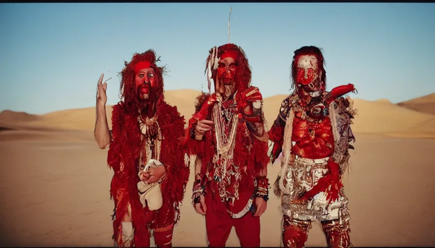 Prompt: high realistic photo portrait of esoteric tribes members with taxidermic flesh bloody jaw and elaborate red clothes in the desert, cinestill 800t 35mm, heavy grain, high quality,