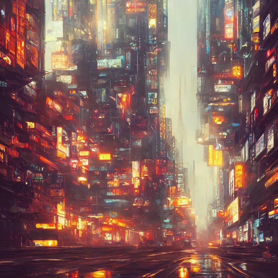 Image similar to an epic painting of the city street road, oil on canvas, cold colors, perfect composition, golden ratio, beautiful detailed, photorealistic, digital painting, artstation, concept art, smooth, sharp focus, illustration, cyberpunk background, artstation trending, octane render, unreal engine