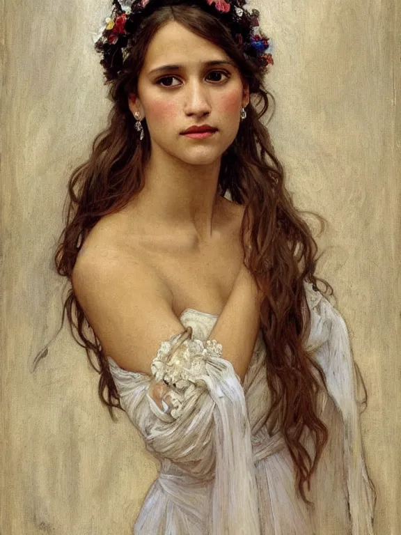 Image similar to an art nouveau style head and shoulders portrait oil painting of a pretty young alicia jessica vikander alba wearing a white victorian bridal gown, intricate, detailed, smooth, complex, elaborate, by alphonse mucha and james gurney and john william waterhouse and bouguereau