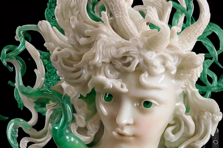 Image similar to a closeup photo, rococo alabaster and jade real delicate ceramic porcelain sculpture of an ornate detailed phoenix goddess in front of an intricate background by rafael, micro detail, backlit lighting, subsurface scattering, translucent, thin porcelain, emerald, jade, octane renderer, colorful, physically based rendering, trending on cgsociety