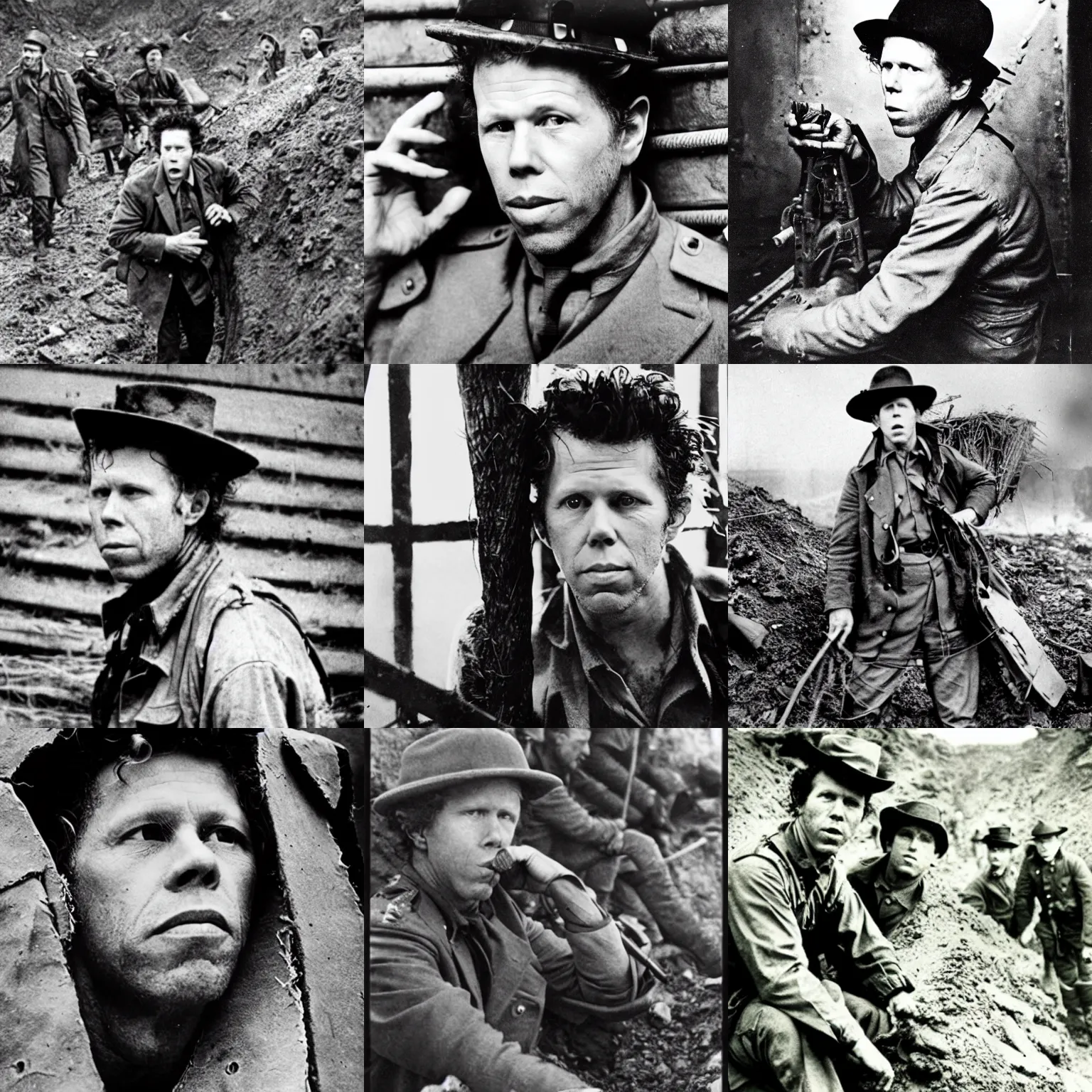 Prompt: historical photograph of tom waits in trench warfare