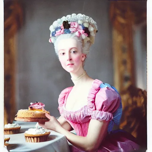 Image similar to a Polaroid of Marie Antoinette eating cake at the Versailles palace in 1792, candid photography