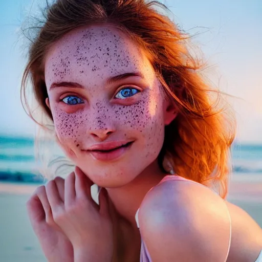 Image similar to beautiful serene intricate portrait of a cute thin young woman, red blush, cute freckles, smug smile, modern clothes, relaxing on the beach, golden hour, close up shot, soft focus, 8 k, art by irakli nadar, hyperrealism, hyperdetailed, ultra realistic