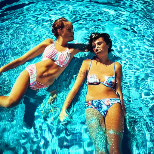 Image similar to two girls in the pool, film camera style, la piscine film aesthetics