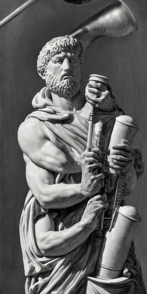 Prompt: angry saxophonist dressed as roman emperor nero carving statue of himself playing saxophone out of white marble, self portrait, highly detailed, cans of spinach dot the horizon