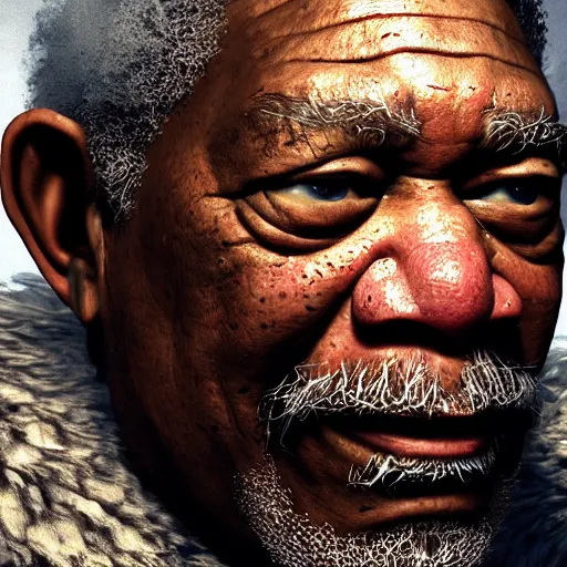 Image similar to morgan freeman as gimli in lord of the rings, high detail shot, smoking, render, cgsociety, photorealism