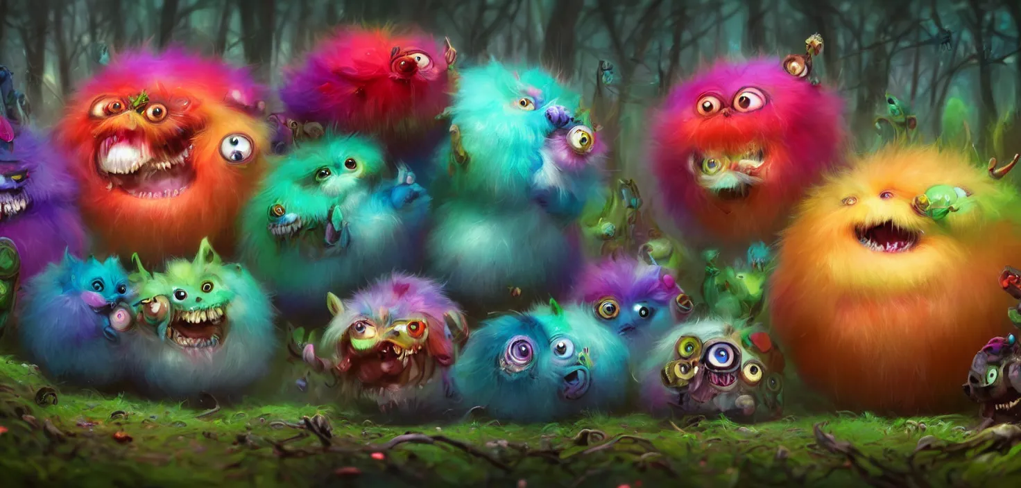 Prompt: intricate colourful fluffy with strange cute friendly angry crazy fluffy ball creatures with huge beauty eyes long tongue triangle teeth and funny face appearing from the forest, in the style of craola, shallow depth of field, highly detailed, digital painting, trending artstation, concept art, illustration, cinematic lighting, vibrant colors, photorealism, epic, octane render