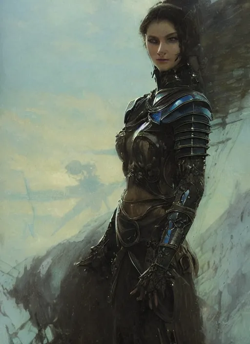 Image similar to beautiful blueeyed woman wearing simple black medieval armour, detailed by gaston bussiere, bayard wu, greg rutkowski, giger, maxim verehin, greg rutkowski, masterpiece, sharp focus, cinematic lightning