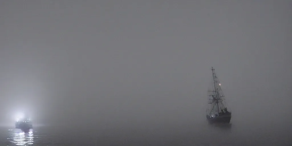 Prompt: bismarck sailing through thick fog at night