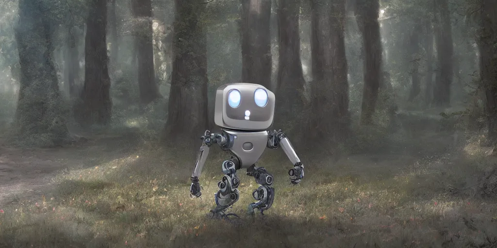 Prompt: a very happy robot in shrubland garigue, matte painting, concept art, 4 k