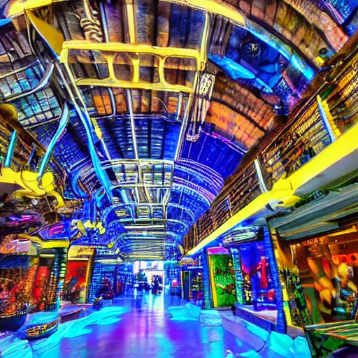 Prompt: undersea shopping center built from various sea shells, sea weed, light prisms, light diffraction, steampunk, cyberpunk, cool lights, anime, vhs distortion