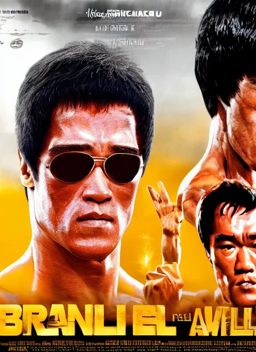 Image similar to Film poster Arnold Schwarzenegger VS Bruce lee , faces look at each other, detailed and realistic, 4k, filmic render