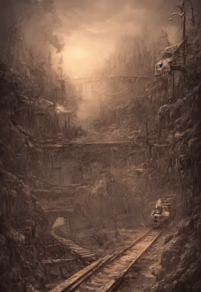Prompt: Railroad of bones, trending on ArtStation