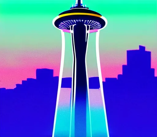 Prompt: a beautiful and immaculate balanced vaporwave ombre scene depicting pint glass of beer, seattle, and the outrun style space needle. trending on artstation. recommended for you behance. double exposure.