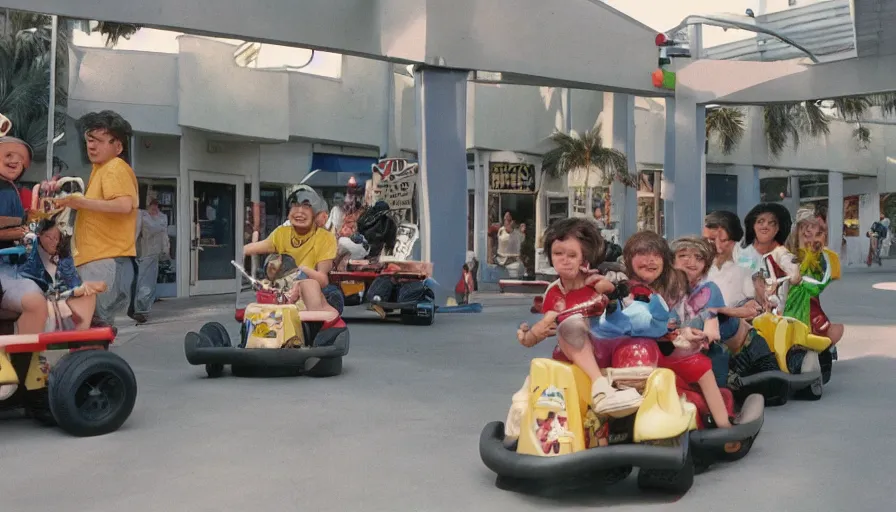 Image similar to 1990s photo of inside the Boring News Grown up errands ride at Universal Studios in Orlando, Florida, children riding on tiny ice cream truck go-carts through a fake corporate office , slime monster, flying soccer balls, business men, cinematic, UHD