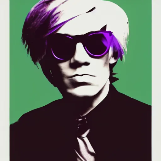 Prompt: color portrait of very angry andy warhol aged 20 looking sternly into the camera and wearing designer sun glasses, in the style of andy warhol, high quality, trending on artstation, hd