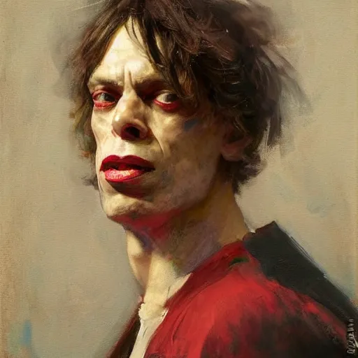 Image similar to Solomon Joseph Solomon and Richard Schmid and Jeremy Lipking victorian genre painting portrait painting of Mick Jagger in fantasy costume, red background