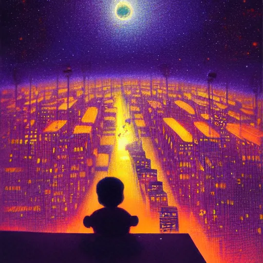 Image similar to a kid in a big city, sits on a rooftop, watches a beautiful night full of stars and tech buildings, detailed, by paul lehr