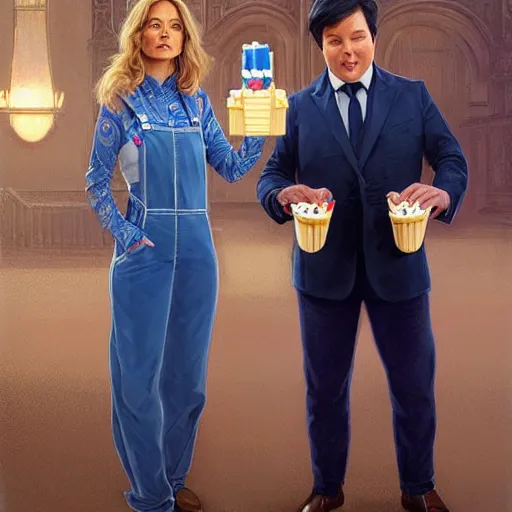 Image similar to michael mcintyre & a blonde fuller figured barbara bach from the bond film wearing blue dungarees and eating ice creams, real life skin, intricate, elegant, highly detailed, artstation, concept art, smooth, sharp focus, art by artgerm and greg rutkowski and alphonse mucha