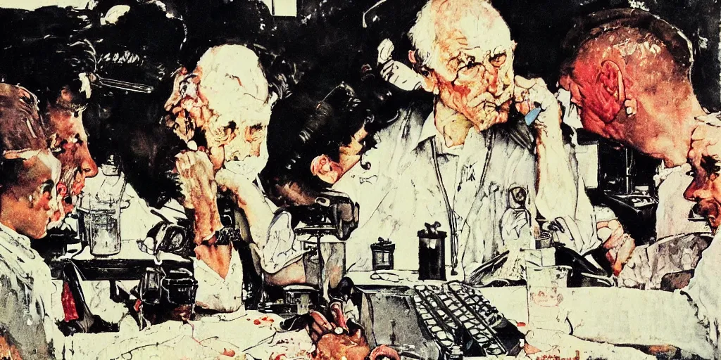 Image similar to staring into a computer screen, norman rockwell style, ralph steadman style, night color scheme