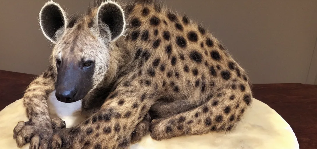 Image similar to a birthday cake, hyena sitting on top