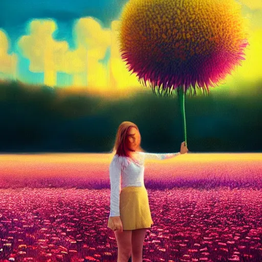 Image similar to giant daisy flower face, full body girl standing in a flower field, surreal photography, sunrise, dramatic light, impressionist painting, colorful clouds, digital painting, artstation, simon stalenhag