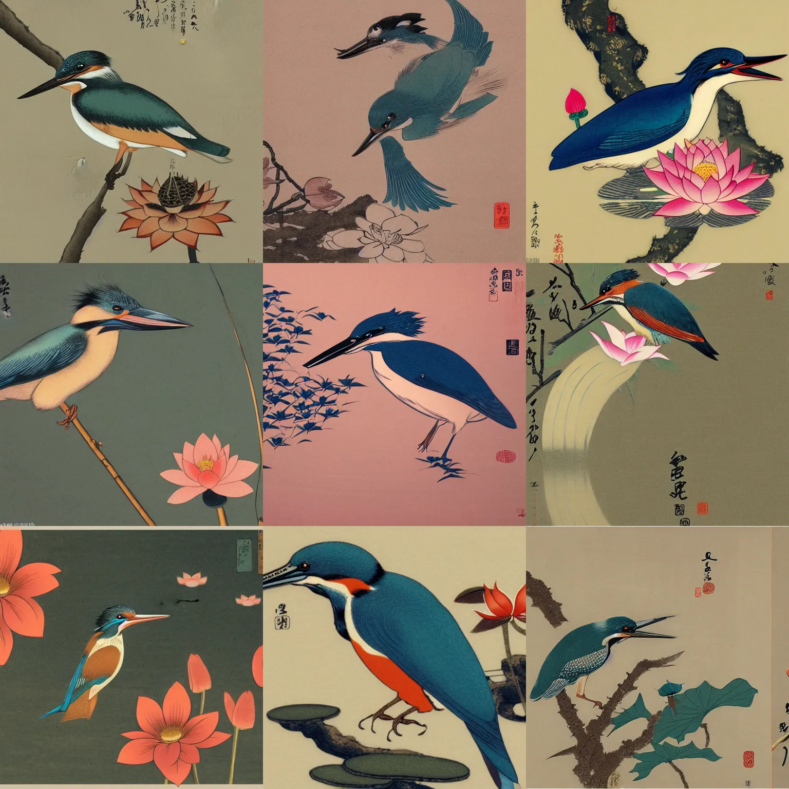 Prompt: The Kingfisher and the lotus flower , by Ohara Koson, Itō Jakuchū,Qian Xuan,Ren Xun and Maruyama Ōkyo, trending on artstation , hyper detail, 4k hd wallpaper,