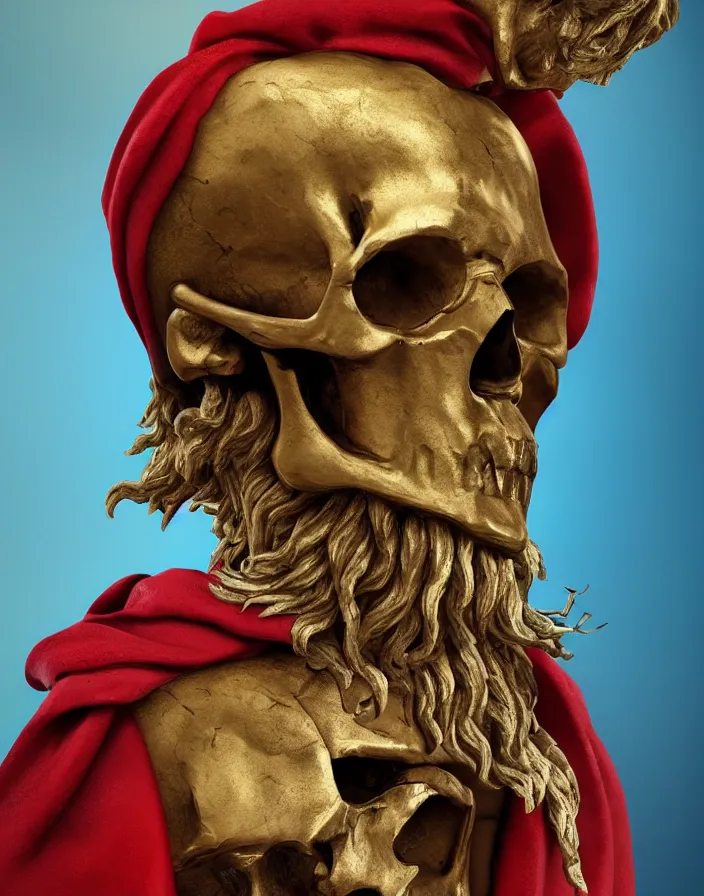 Prompt: a man in the form of a Greek sculpture with a skull instead of a head, dressed in a beautiful red cloak, stands on a golden stone. intricate artwork by artstation. halo. octane render, cinematic, hyper realism, octane render, 8k, depth of field, bokeh. iridescent accents. vibrant. teal and gold and red colour scheme