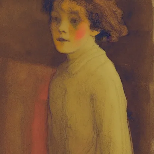 Image similar to a girl in a room, old polaroid by goya, by schiele, digital painting, jugendstil, strong lights, flat colors, pastel colors,