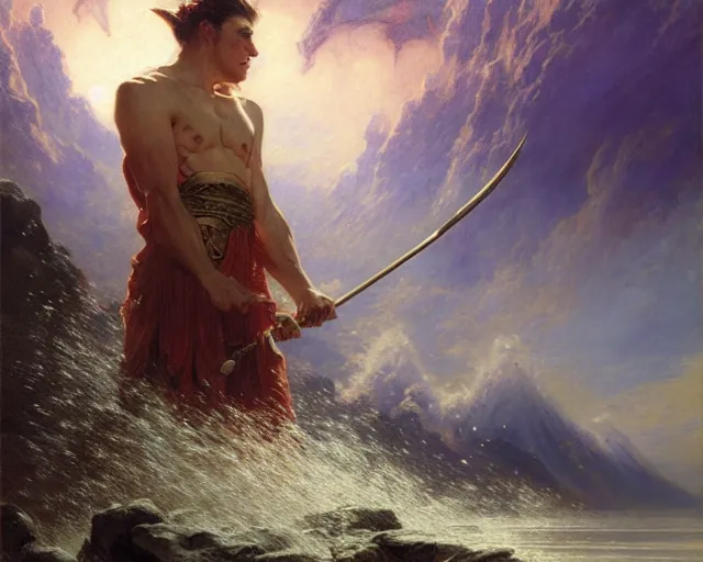 Image similar to attractive male wizard casting powerful giant tsunami spell in a beautiful lake. highly detailed painting by gaston bussiere, craig mullins, j. c. leyendecker 8 k