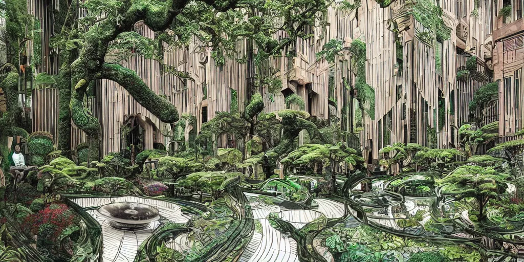 Prompt: masterpiece, graphic illustration of afro futurist florence courtyard designed by by frank lloyd wright architect, plants and trees on walkways low buildings, green energy, bicycles,, bill sienkiewicz, plants trail from balconys, abstract mirrored sculptures, insanely detailed and intricate