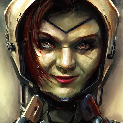 Prompt: doomguy as an attractive young smiling woman dressed as a knight, face portrait, hd shot, digital portrait, beautiful, fantasy art, artstation, comic style, by artgerm, guy denning, jakub rozalski, magali villeneuve and charlie bowater