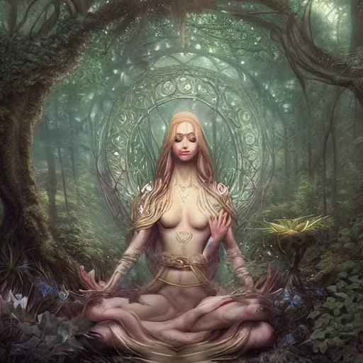 Image similar to elven princess meditating in forest, surrounded by fairies, surreal, surrealist art, digital art, trending on artstation, ultra detailed, intricate, sacred geometry, serene, beautiful, photo, realistic, perfect, smooth, moebius, by moebius, peter mohrbacher